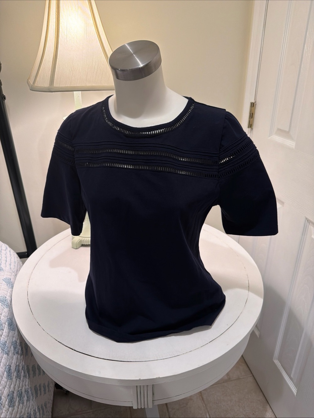 Talbots crew neck ladder cut 100 % cotton Navy blue top size LP